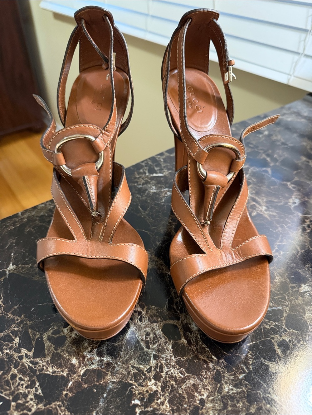 Gucci Tan Leather Platform Sandals with Gold Hardware